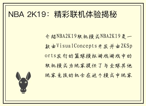 NBA 2K19：精彩联机体验揭秘