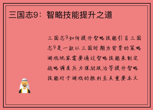 三国志9：智略技能提升之道