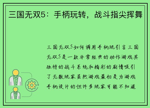三国无双5：手柄玩转，战斗指尖挥舞